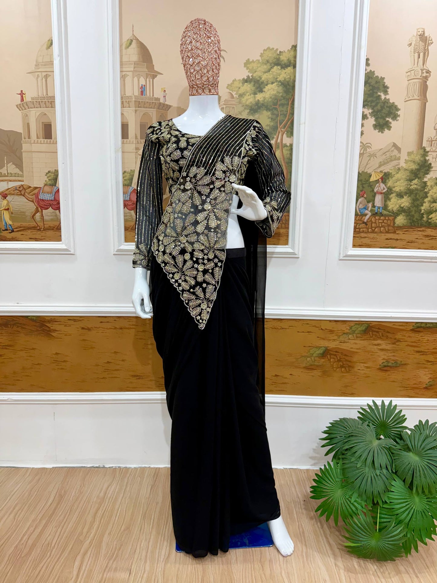 women's ready to wear faux georgette drape saree with semi-beads embroidered blouse | designer party wear saree
