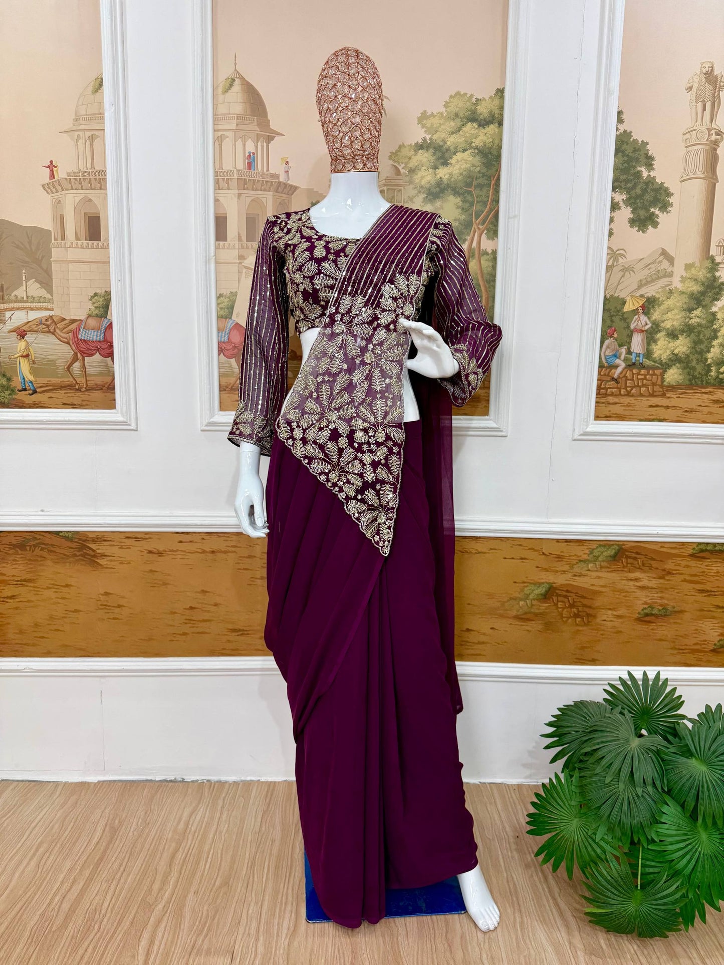 women's ready to wear faux georgette drape saree with semi-beads embroidered blouse | designer party wear saree