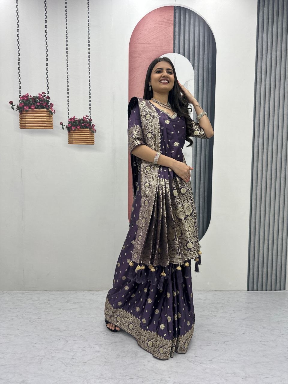 women’s ready pleated pure silk saree with heavy jacquard work & tassels | festival wear designer saree with unstitched blouse