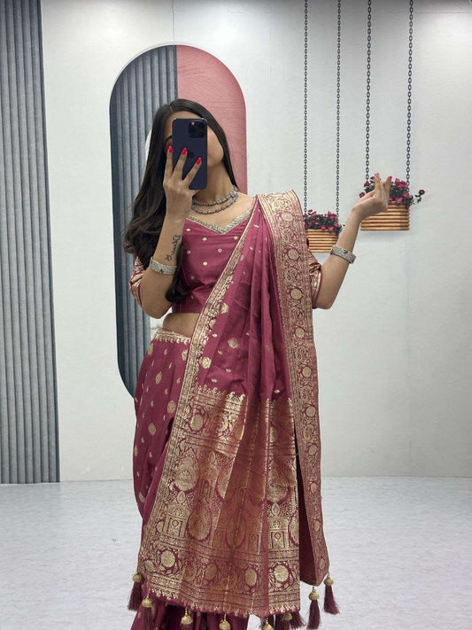 Women’s Ready Pleated Pure Silk Saree with Heavy Jacquard Work & Tassels | Festival Wear Designer Saree with Unstitched Blouse Fashion Kreza