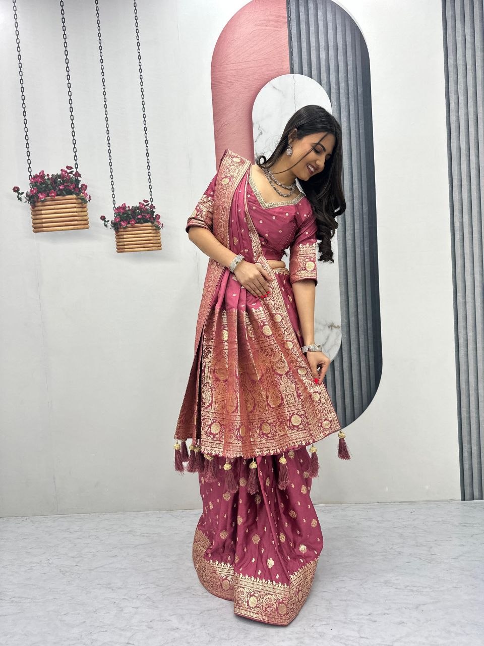 women’s ready pleated pure silk saree with heavy jacquard work & tassels | festival wear designer saree with unstitched blouse