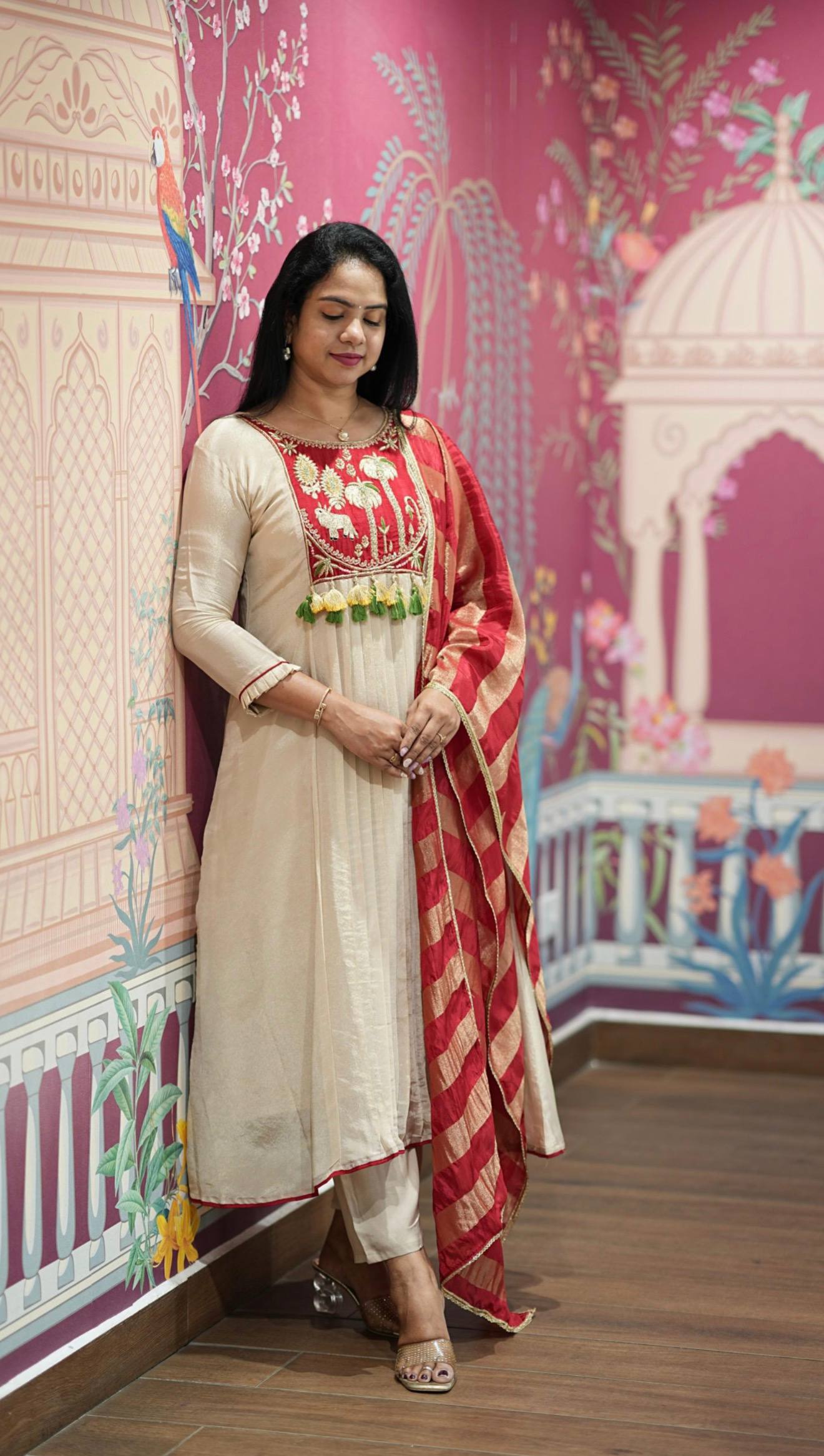 women’s a-line kurti set with flared pant & tussar silk dupatta | roman fabric ethnic wear set