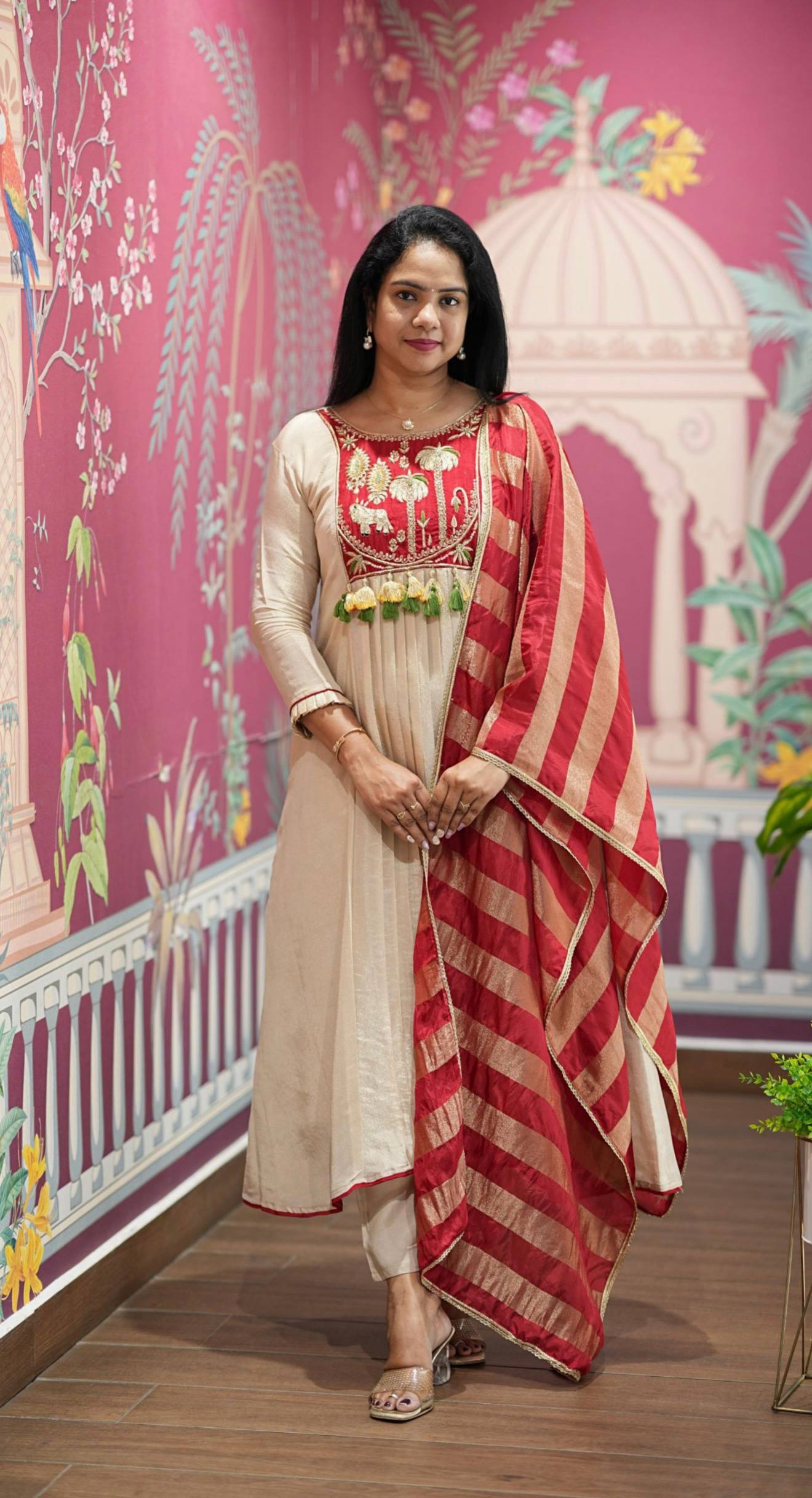 women’s a-line kurti set with flared pant & tussar silk dupatta | roman fabric ethnic wear set