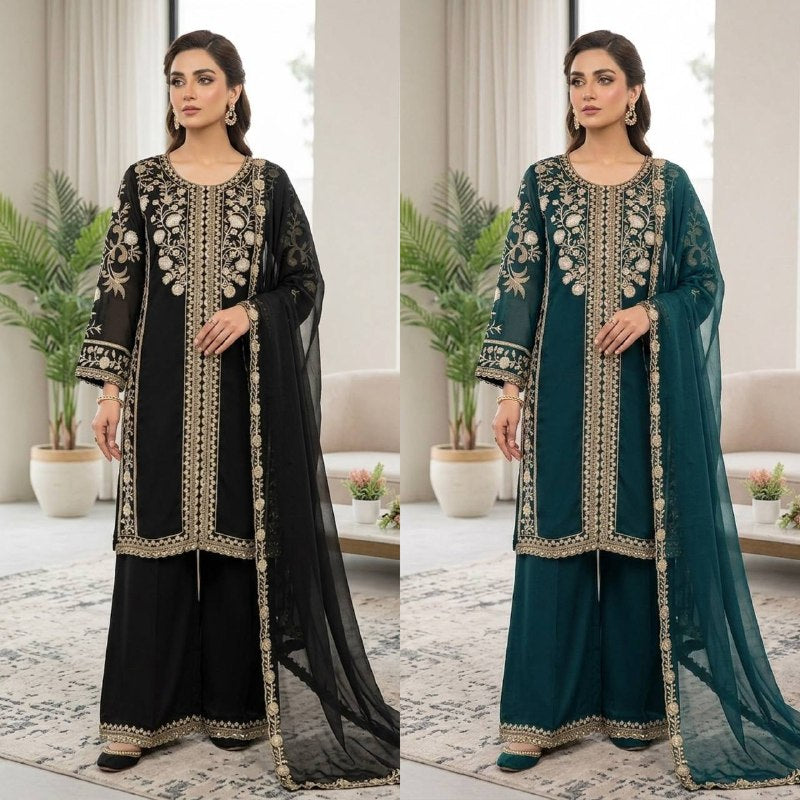 women's roman sequence embroidered kurti palazzo dupatta set | designer 3 piece ethnic suit with soft organza dupatta
