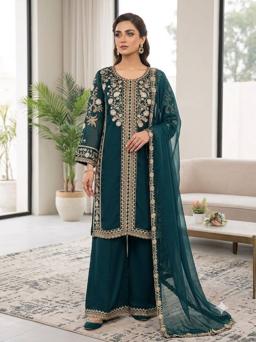 women's roman sequence embroidered kurti palazzo dupatta set | designer 3 piece ethnic suit with soft organza dupatta