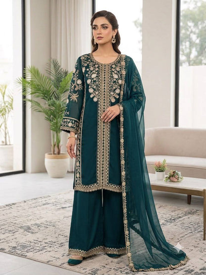 Women's Roman Sequence Embroidered Kurti Palazzo Dupatta Set | Designer 3 Piece Ethnic Suit with Soft Organza Dupatta
