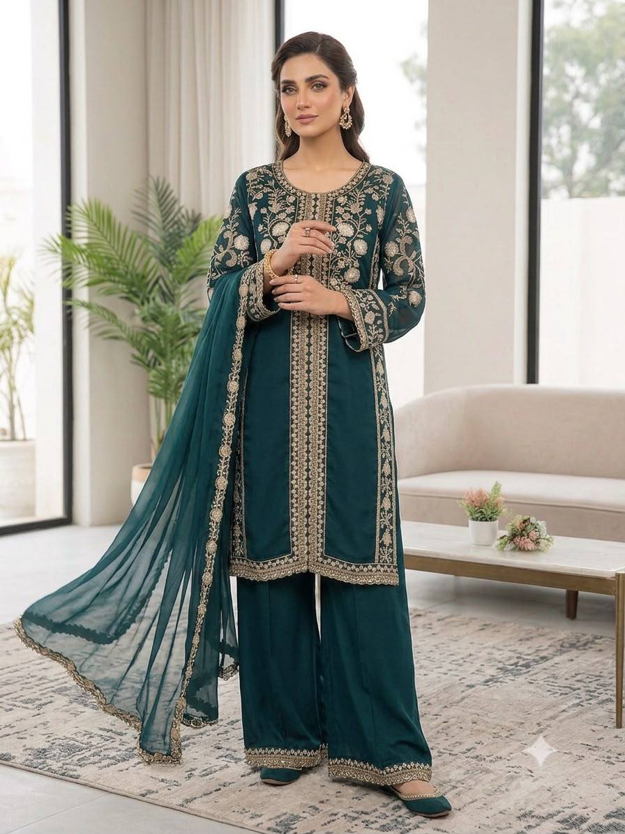 women's roman sequence embroidered kurti palazzo dupatta set | designer 3 piece ethnic suit with soft organza dupatta