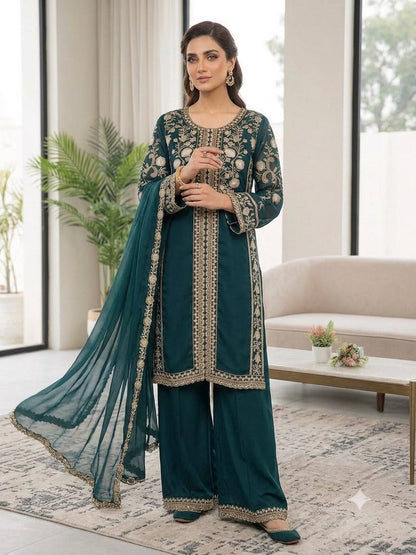 Women's Roman Sequence Embroidered Kurti Palazzo Dupatta Set | Designer 3 Piece Ethnic Suit with Soft Organza Dupatta