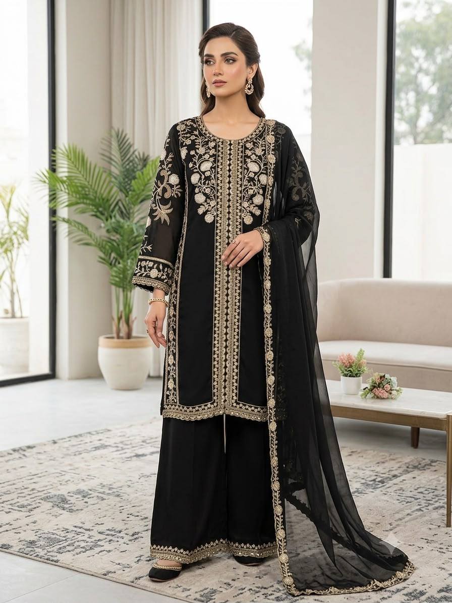 women's roman sequence embroidered kurti palazzo dupatta set | designer 3 piece ethnic suit with soft organza dupatta