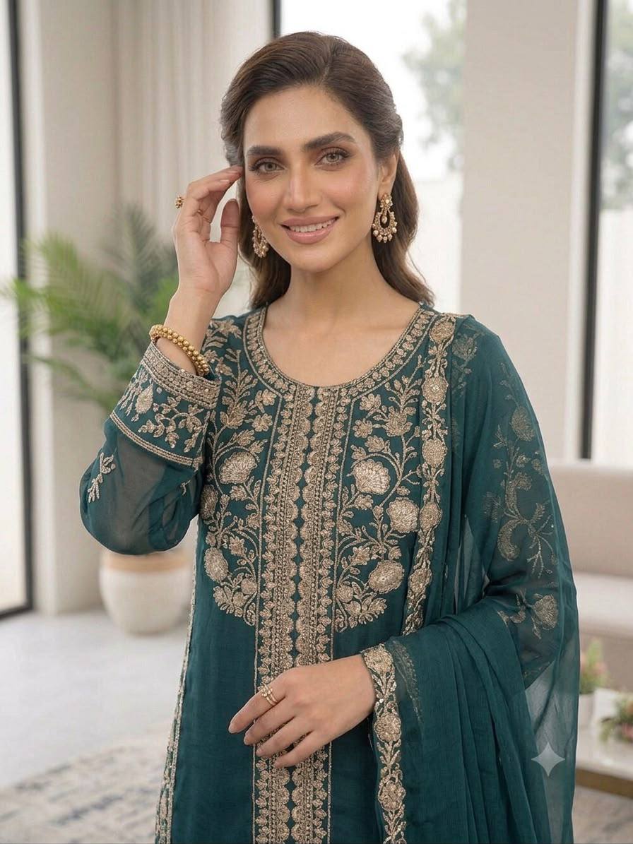 women's roman sequence embroidered kurti palazzo dupatta set | designer 3 piece ethnic suit with soft organza dupatta