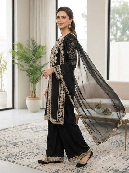 Women's Roman Sequence Embroidered Kurti Palazzo Dupatta Set | Designer 3 Piece Ethnic Suit with Soft Organza Dupatta