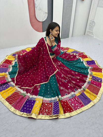 Women's Navratri Vintage Fox Georgette Chaniya Choli with Dupatta | Embroidered Sequence Work | 6 Meter Flair | Fully Stitched