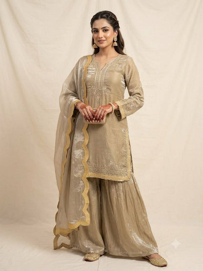 Women's Fendy Sequence Embroidered Kurti Palazzo Dupatta Set | Designer 3 Piece Ethnic Suit | Wedding & Party Wear