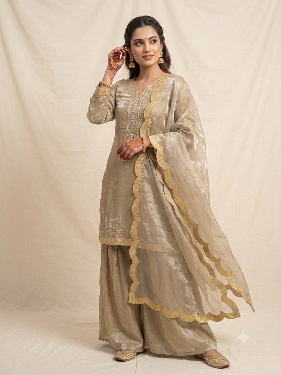 women's fendy sequence embroidered kurti palazzo dupatta set | designer 3 piece ethnic suit | wedding & party wear
