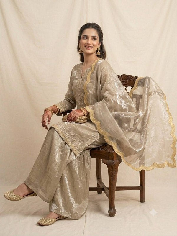 women's fendy sequence embroidered kurti palazzo dupatta set | designer 3 piece ethnic suit | wedding & party wear