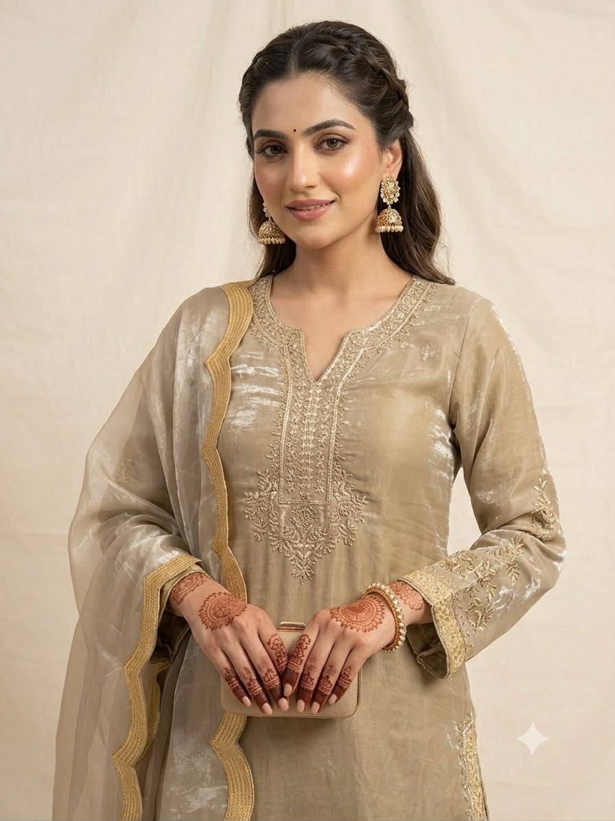 women's fendy sequence embroidered kurti palazzo dupatta set | designer 3 piece ethnic suit | wedding & party wear