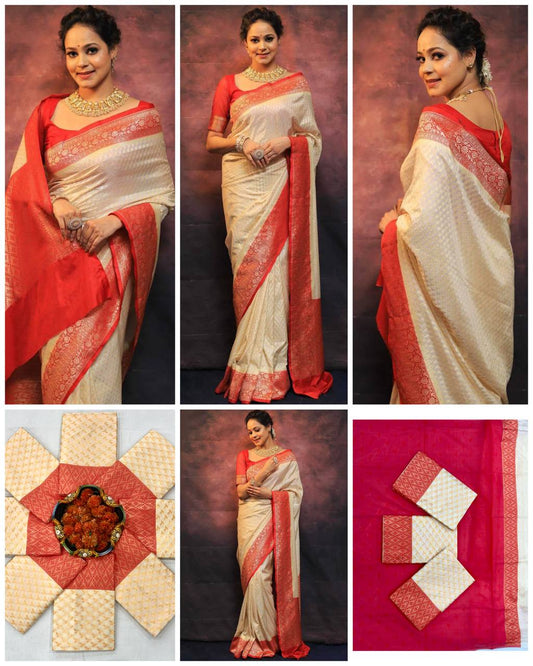 Women’s Soft Lichi Silk Saree with Rich Pallu & Jacquard Weaving | Contrast Heavy Brocade Blouse Saree