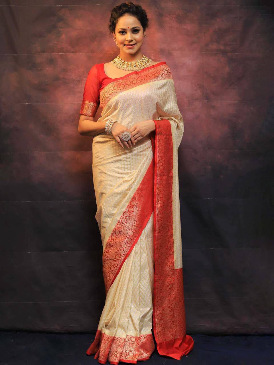 women’s soft lichi silk saree with rich pallu & jacquard weaving | contrast heavy brocade blouse saree