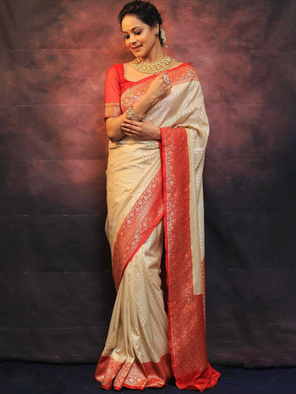 Women’s Soft Lichi Silk Saree with Rich Pallu & Jacquard Weaving | Contrast Heavy Brocade Blouse Saree