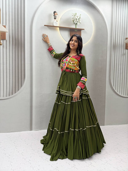 Women's Pure Cotton Navratri Lehenga Choli with Koti | Heavy Gamathi Work, Mirror Lace & 9 Meter Flair | Fully Stitched
