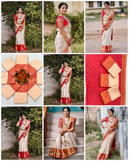 Women’s Soft Lichi Silk Saree with Rich Pallu & Jacquard Work | Contrast Heavy Brocade Blouse Saree