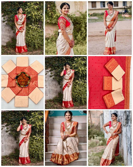 Women’s Soft Lichi Silk Saree with Rich Pallu & Jacquard Work | Contrast Heavy Brocade Blouse Saree