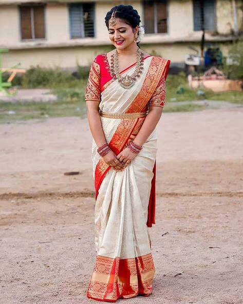 women’s soft lichi silk saree with rich pallu & jacquard work | contrast heavy brocade blouse saree