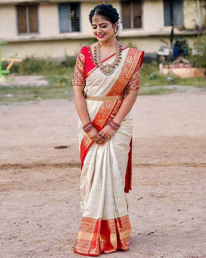 Women’s Soft Lichi Silk Saree with Rich Pallu & Jacquard Work | Contrast Heavy Brocade Blouse Saree