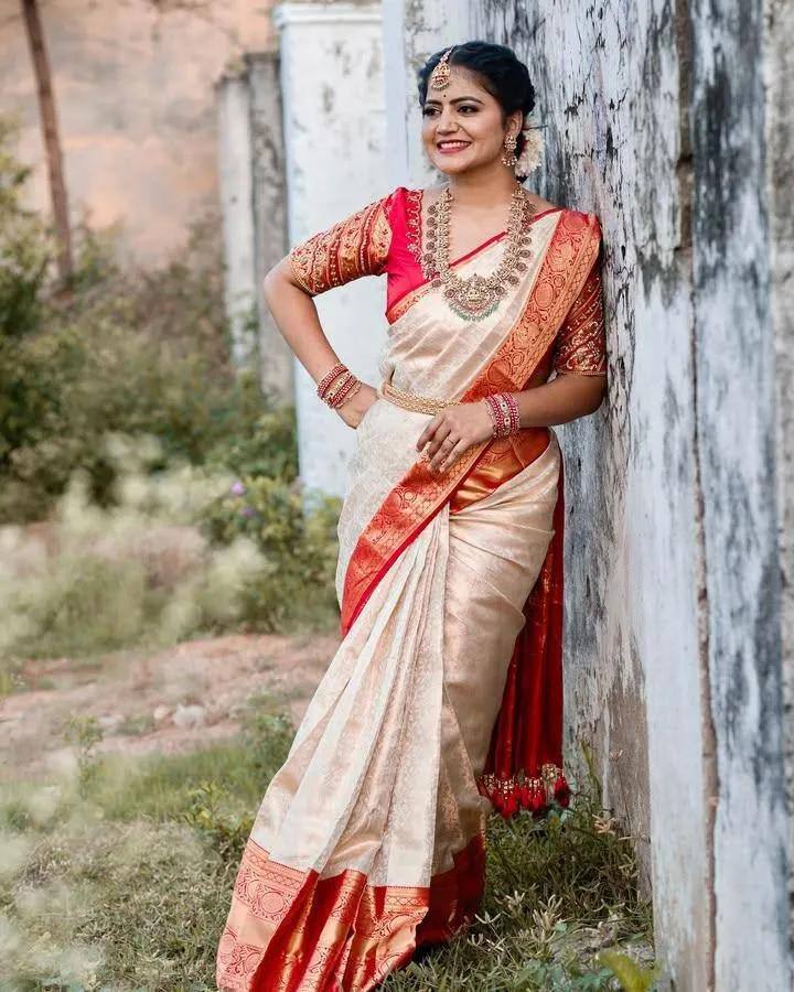 women’s soft lichi silk saree with rich pallu & jacquard work | contrast heavy brocade blouse saree