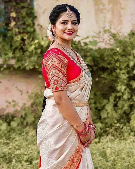 women’s soft lichi silk saree with rich pallu & jacquard work | contrast heavy brocade blouse saree