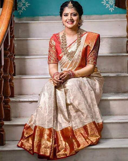 Women’s Soft Lichi Silk Saree with Rich Pallu & Jacquard Work | Contrast Heavy Brocade Blouse Saree