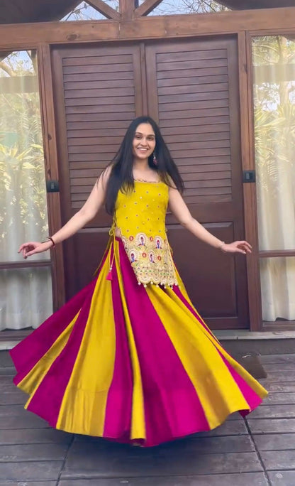 Women's Navratri Vichitra Silk Lehenga Choli with Shrug | Heavy Thread & Sequence Work | 6 Meter Flair | Fully Stitched
