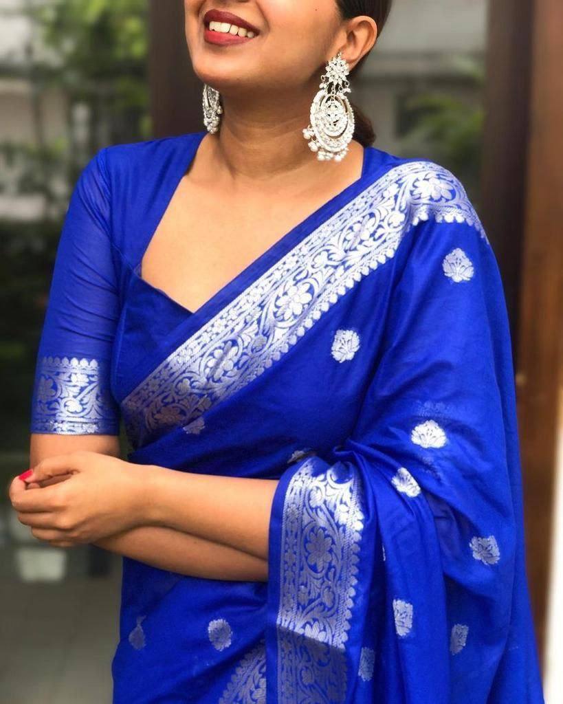 women’s soft lichi silk saree with rich pallu & jacquard work | royal blue traditional saree