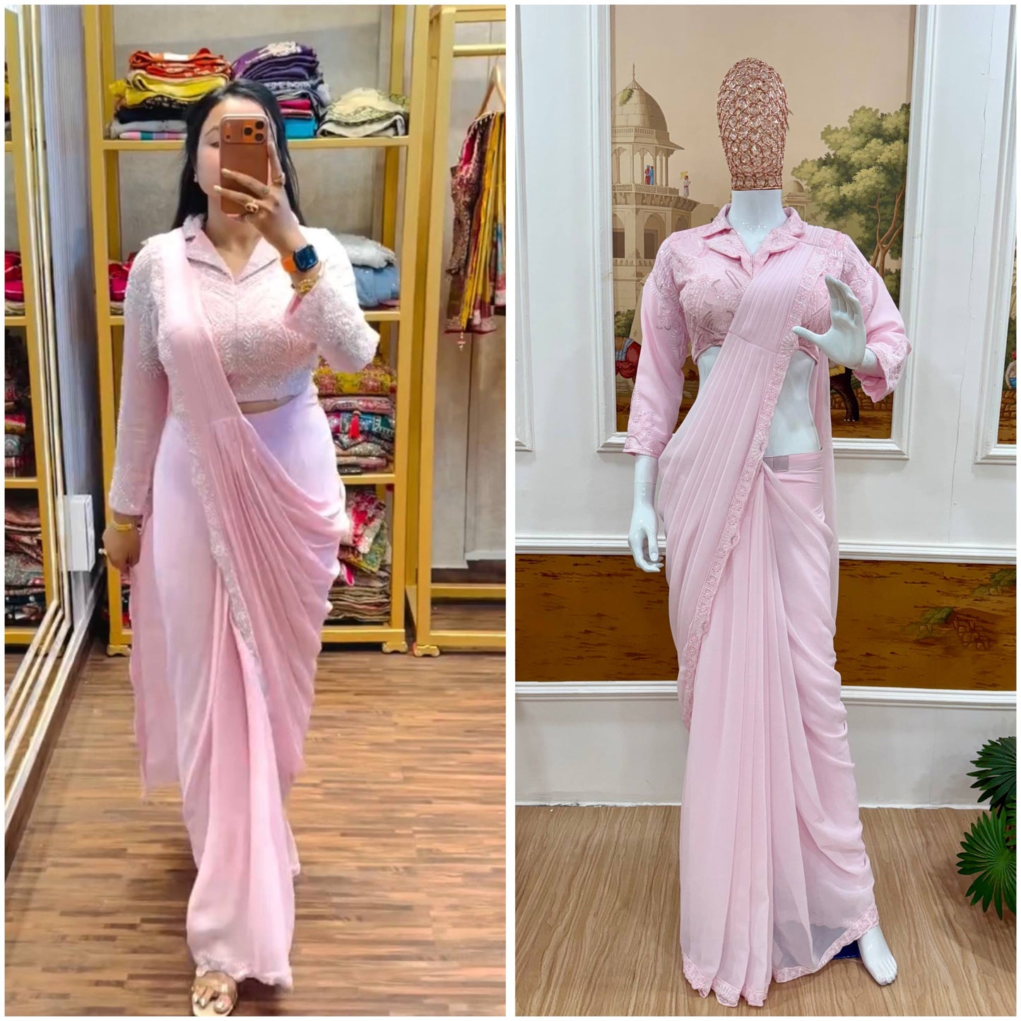 women’s ready to wear drape saree with fully embroidered blouse | faux georgette designer pre-stitched saree for party & festive wear