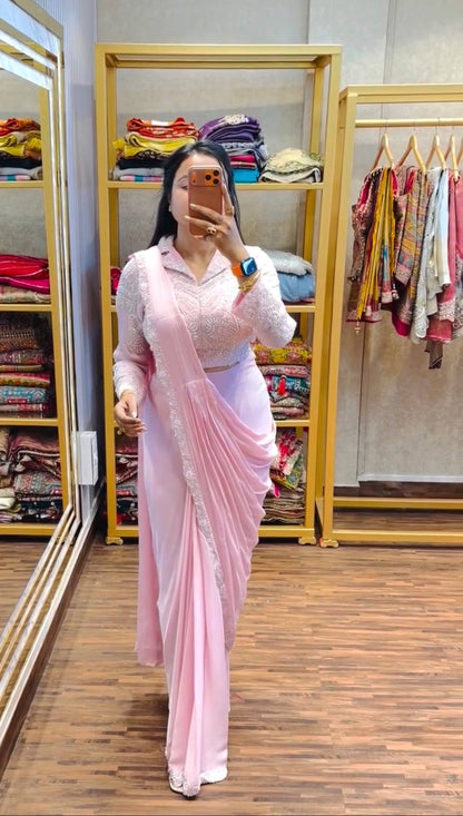 Women’s Ready To Wear Drape Saree with Fully Embroidered Blouse | Faux Georgette Designer Pre-Stitched Saree for Party & Festive Wear
