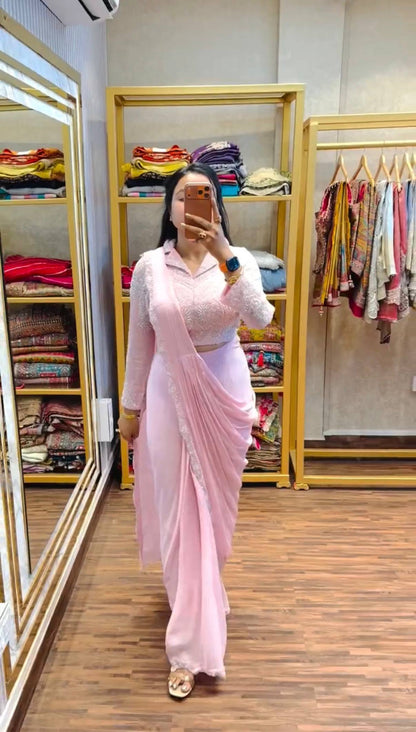 Women’s Ready To Wear Drape Saree with Fully Embroidered Blouse | Faux Georgette Designer Pre-Stitched Saree for Party & Festive Wear