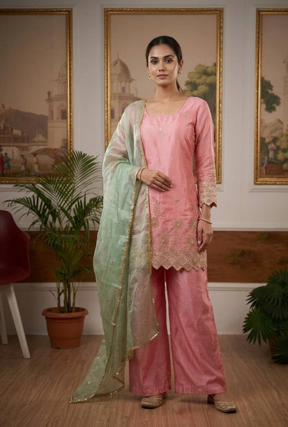 Women’s Jimi Satin Kurti Palazzo Set with Embroidered Dupatta | 3 Piece Ethnic Suit Set with Back Drawstring Design