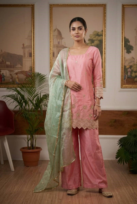Women’s Jimi Satin Kurti Palazzo Set with Embroidered Dupatta | 3 Piece Ethnic Suit Set with Back Drawstring Design