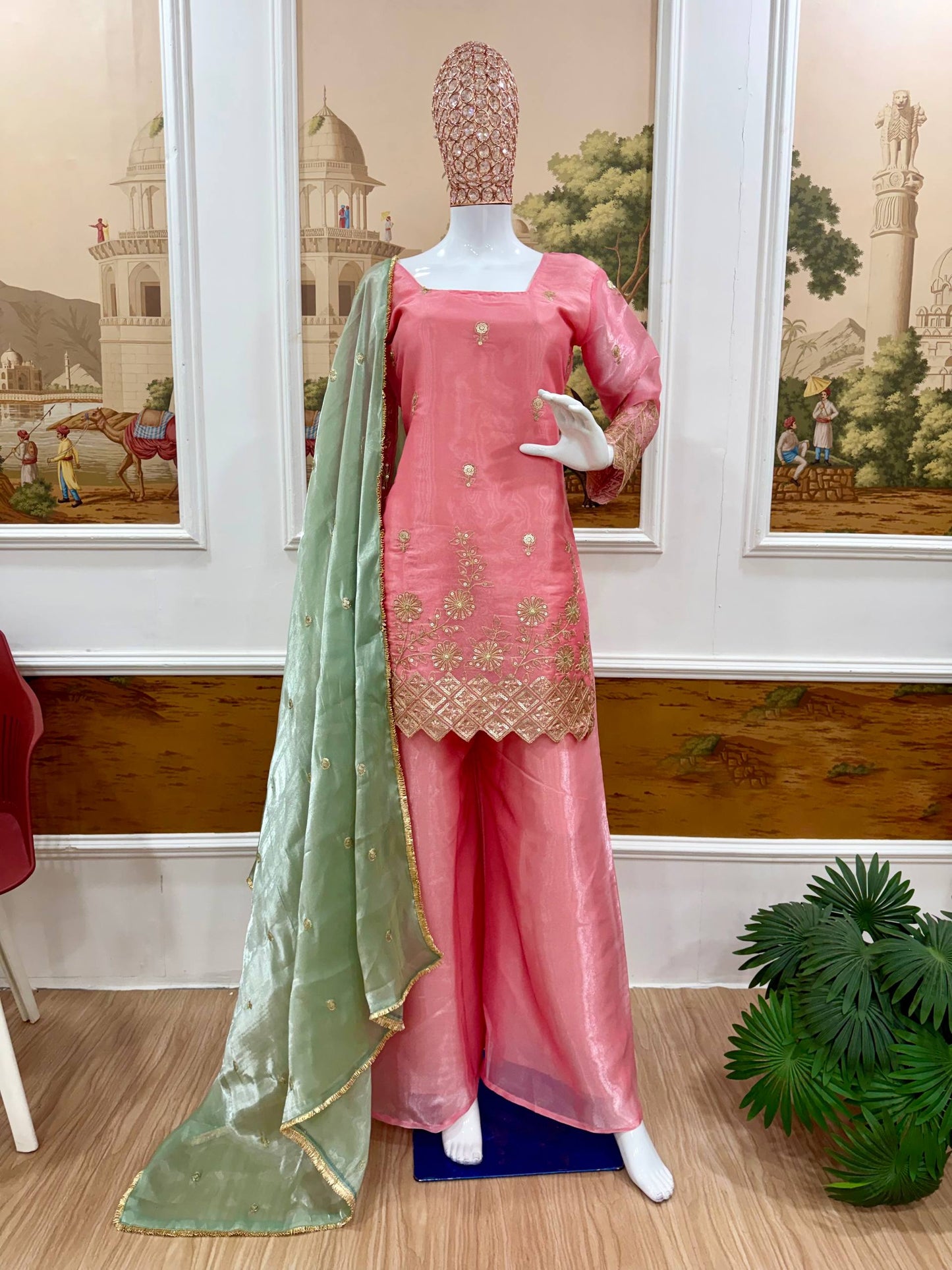 women’s jimi satin kurti palazzo set with embroidered dupatta | 3 piece ethnic suit set with back drawstring design