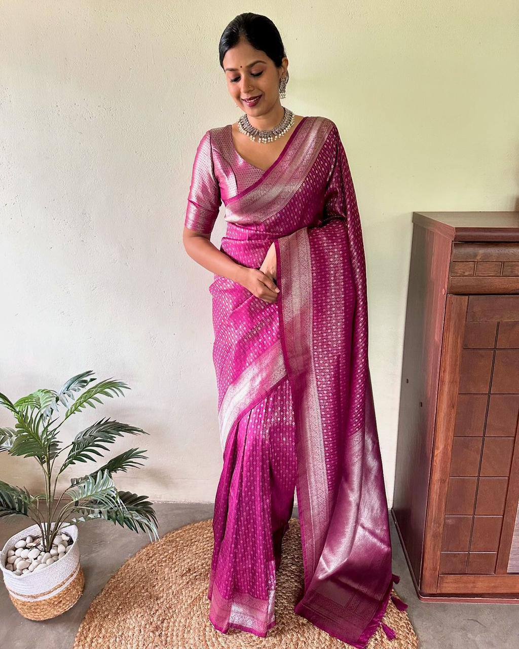 women’s soft lichi silk saree with rich pallu & jacquard weaving | heavy brocade blouse festive saree