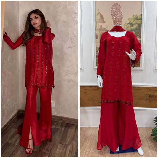 Women’s Rangoli Silk Kurti Palazzo Set with Beads Cut Dana Work Dupatta | 3 Piece Embroidered Ethnic Suit Set