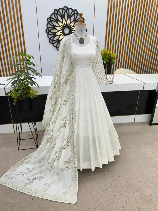 aglow white color chinon silk embroidery sequence work gown