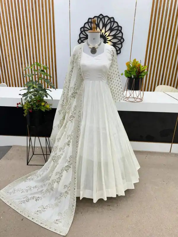 aglow white color chinon silk embroidery sequence work gown
