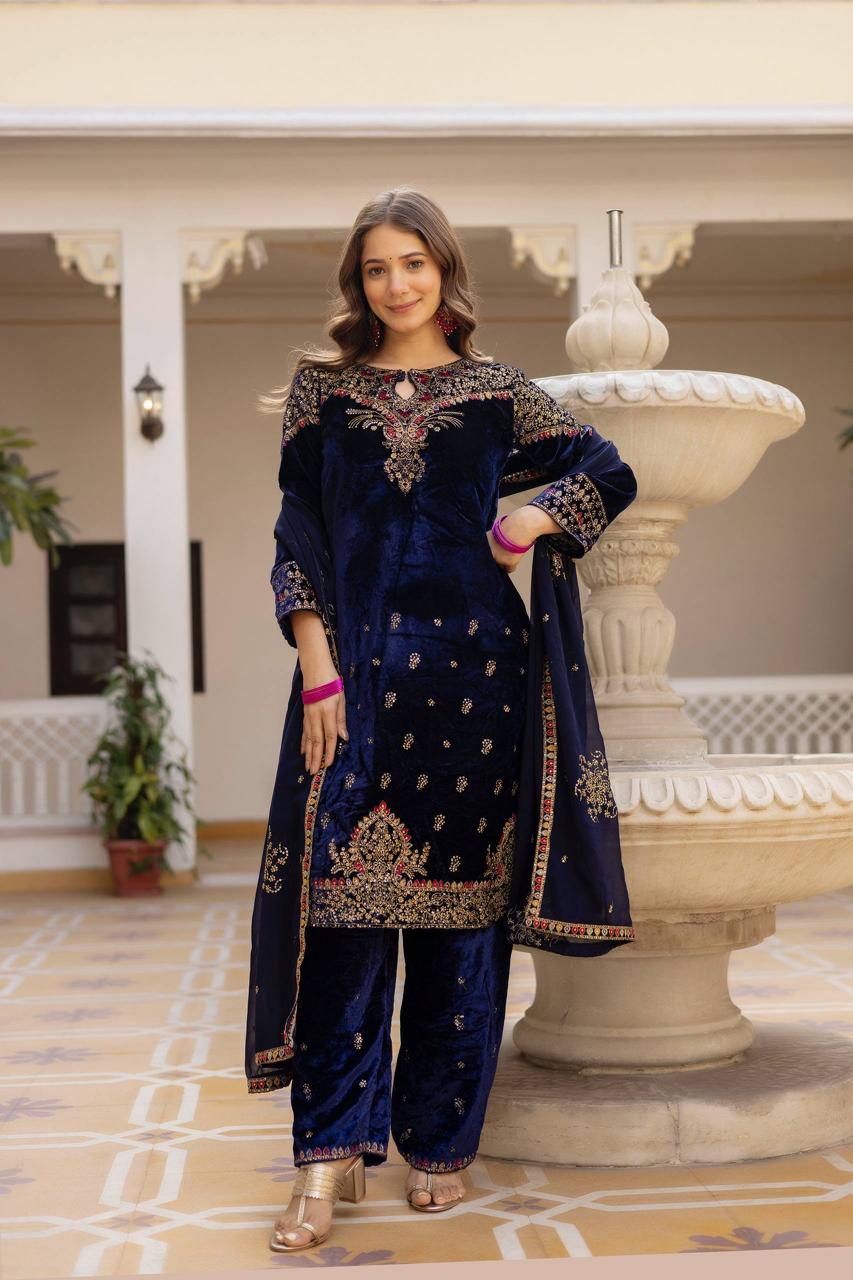 velvet kurti, dupatta & pent