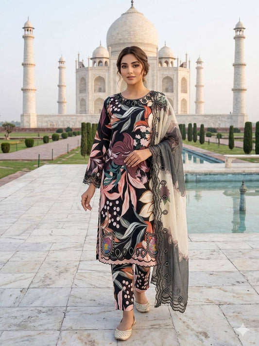 Women’s Printed Muslin Suit Set with Embroidered Cut Work & Organza Dupatta | Summer Ethnic Wear Set