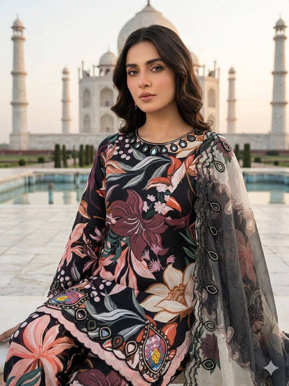 Women’s Printed Muslin Suit Set with Embroidered Cut Work & Organza Dupatta | Summer Ethnic Wear Set