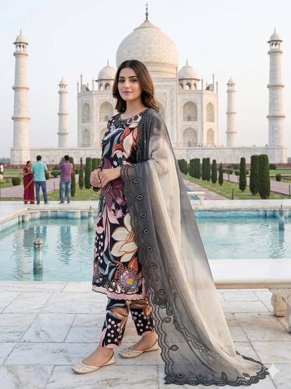 Women’s Printed Muslin Suit Set with Embroidered Cut Work & Organza Dupatta | Summer Ethnic Wear Set
