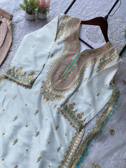 FOR THIS EID 🌙 OUR SEQUENCE EMBROIDERY WORKED TOP, PLAZZO AND DUPATTA