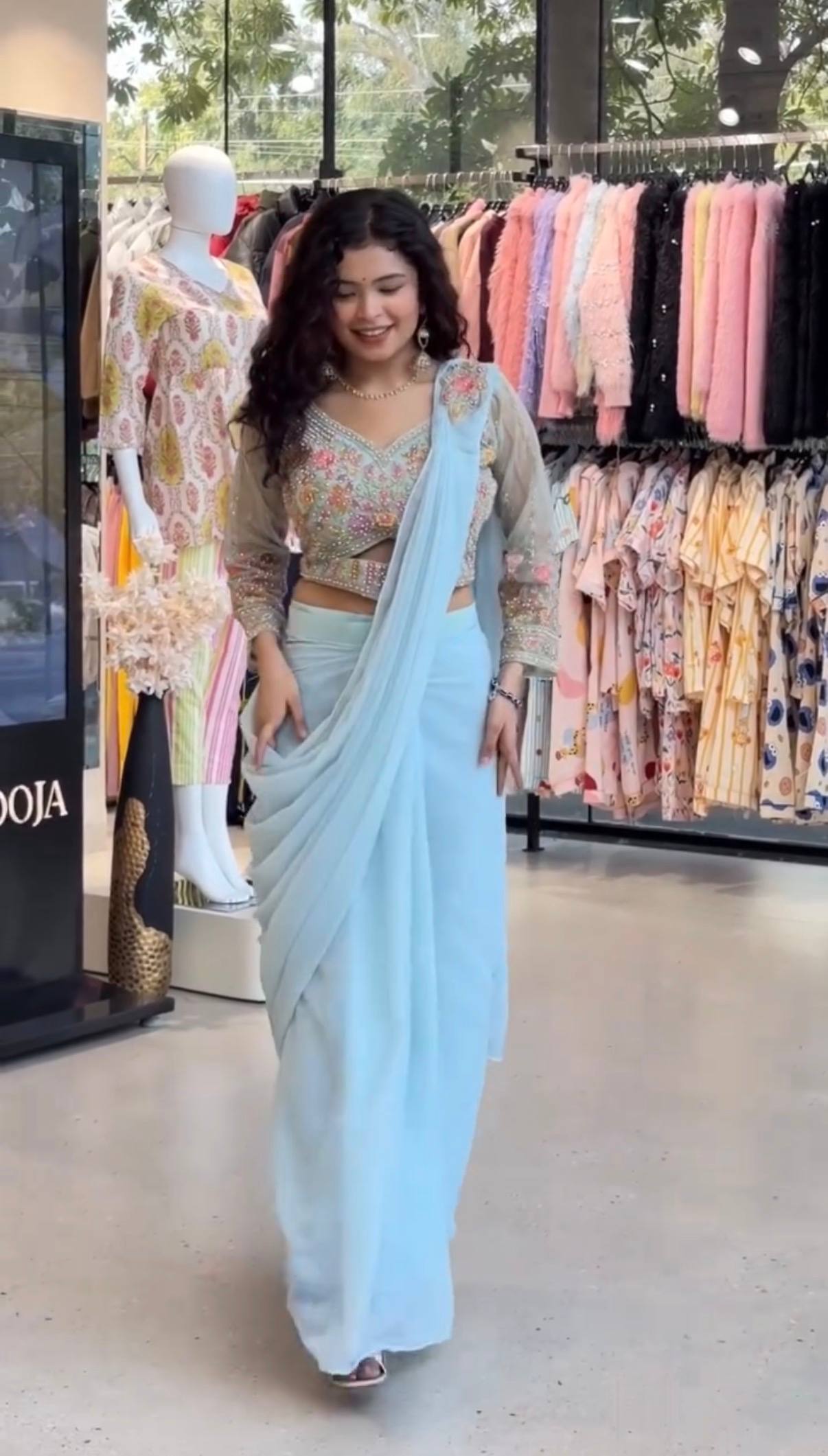 we are launching new superhit trending ready to wear saree with hand work & embroidered stylist blouse & on faux georgette fabric