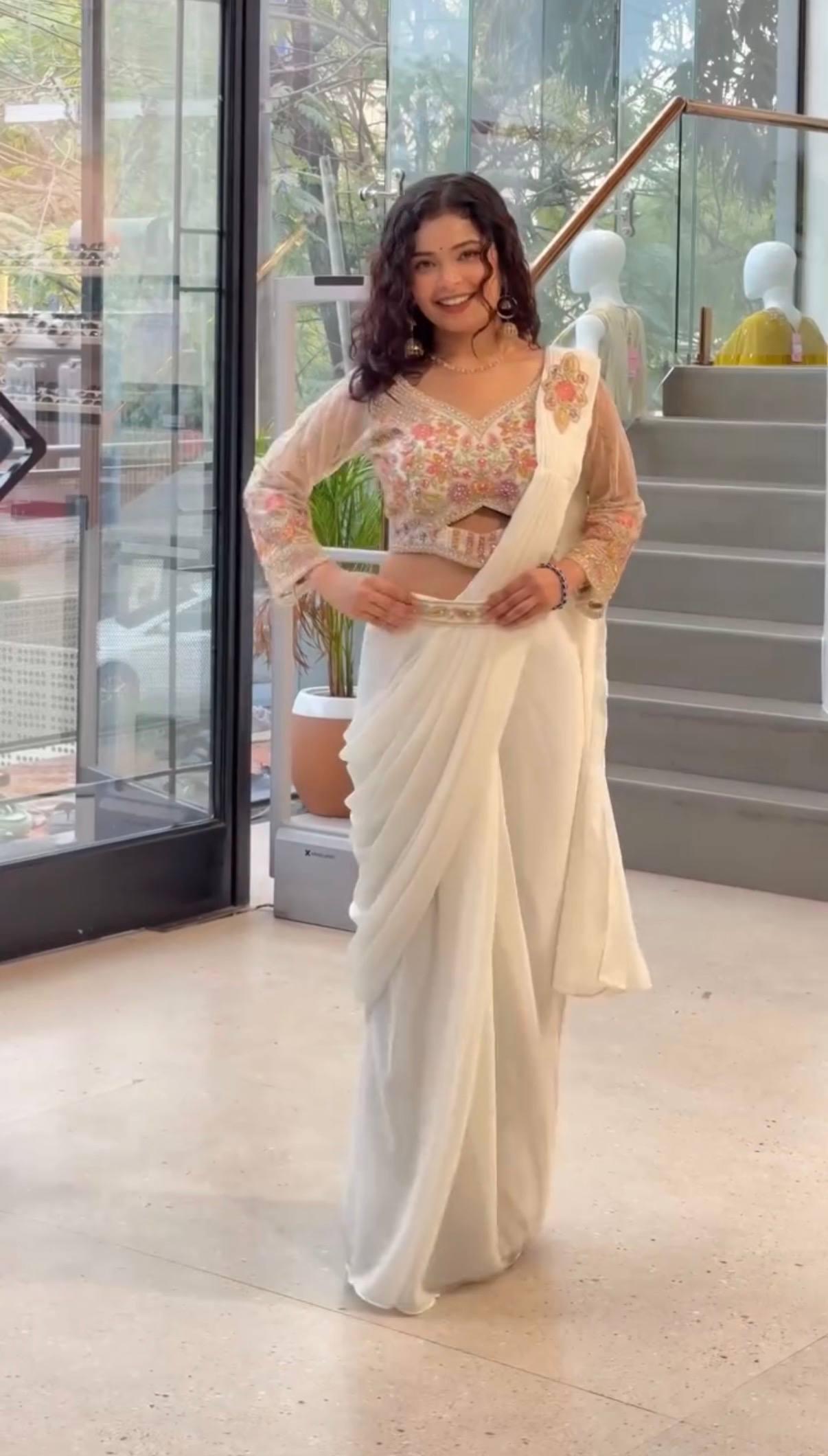 we are launching new superhit trending ready to wear saree with hand work & embroidered stylist blouse & on faux georgette fabric